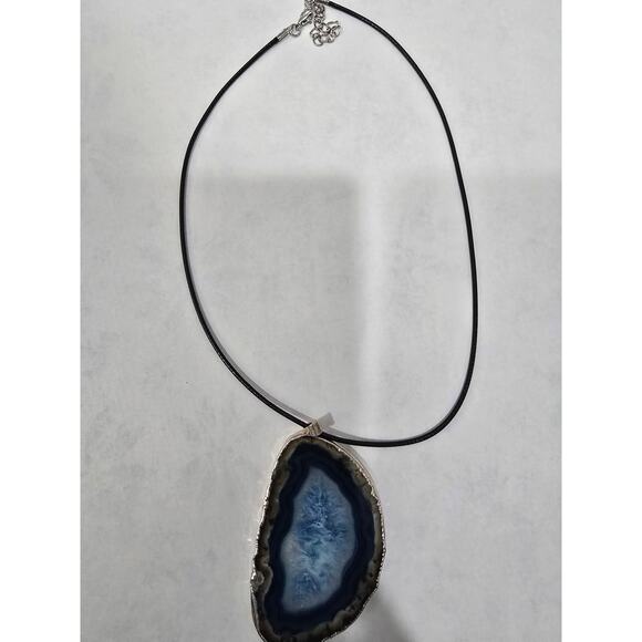 Blue Agate Slice Pendant Necklace | Natural Stone | Adjustable Cord - Picture 4 of 16